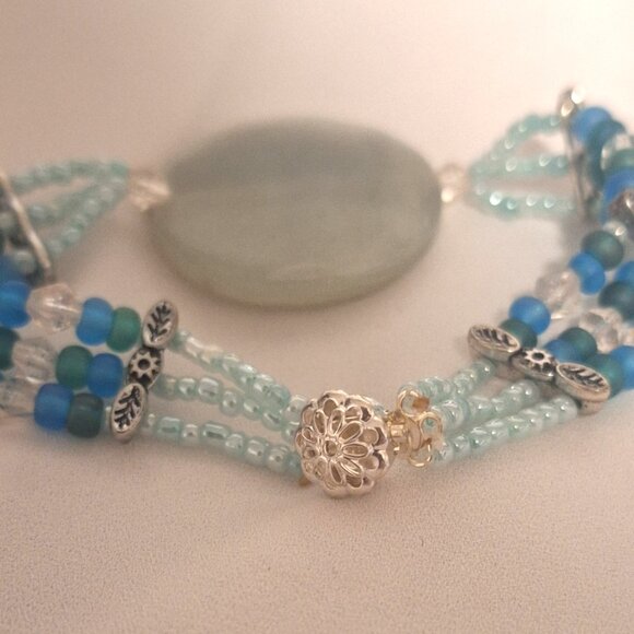Artisan Beaded 3 Strand Green Blue Gemstone Frosted Glass and Crystal Bracelet - Picture 5 of 6